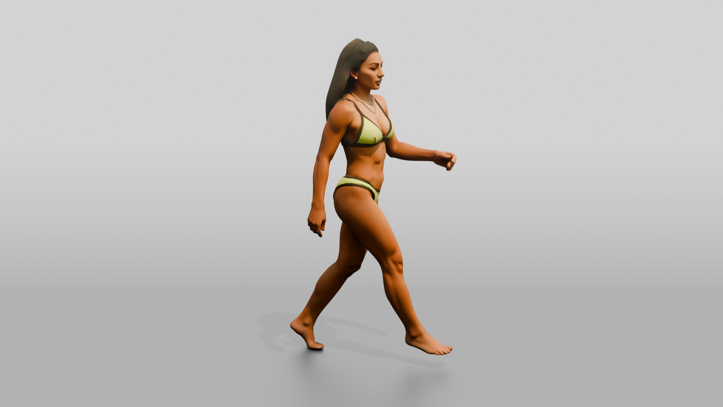 Latina Woman in Neon Yellow Bikini Beach Stride