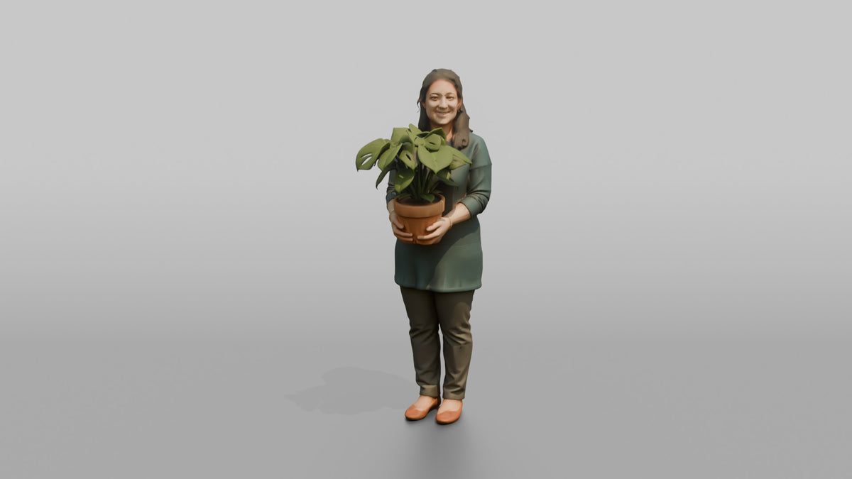 Mother Holding A Small Potted Plant With Both Hands - 3D character model, view 2