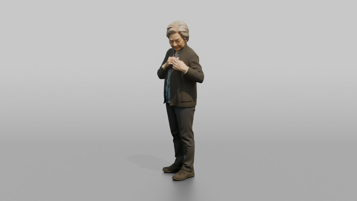 Grandmother Adjusting A Brooch On Her Cardigan - 3D character model, view 4