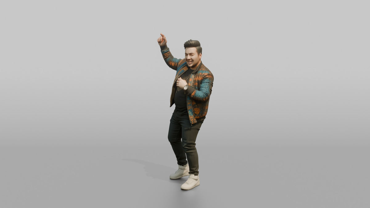 Patron Man Wearing A Vibrant Patterned Bomber Jacket, Hyped Pose - 3D character model, view 4