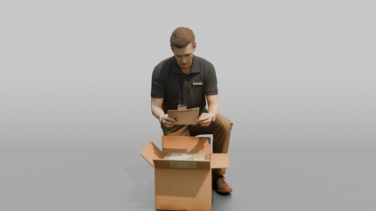 Man Stock Clerk Checking A Delivery Box Against A Packing Slip - 3D character model, view 5