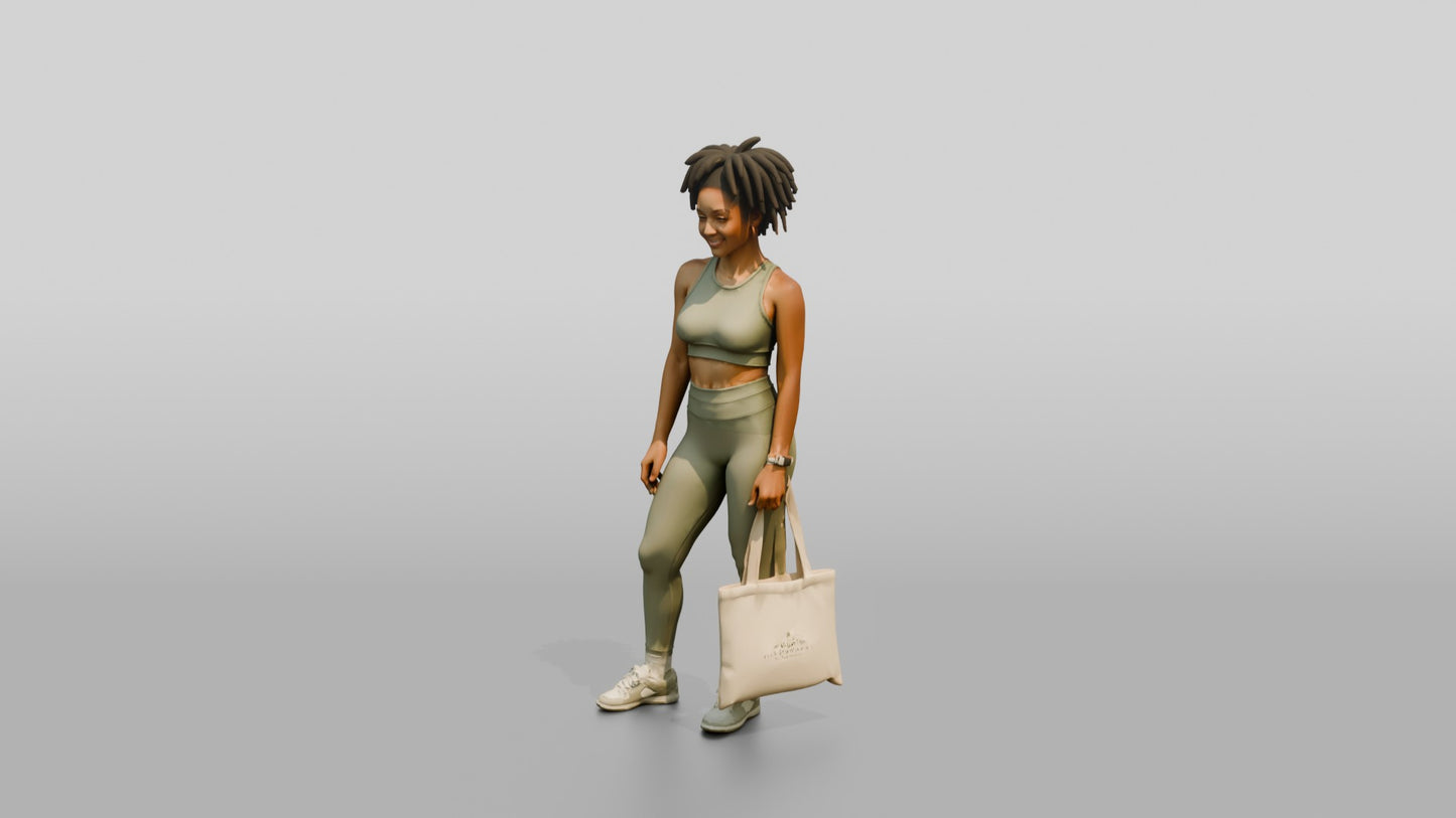African-American Woman in Athleisure Set with Shopping Bag
