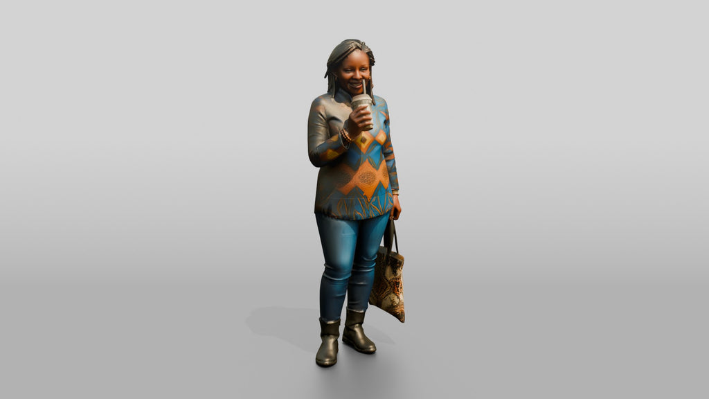 Curvy African Woman Drinking Iced Coffee in a Print Tunic