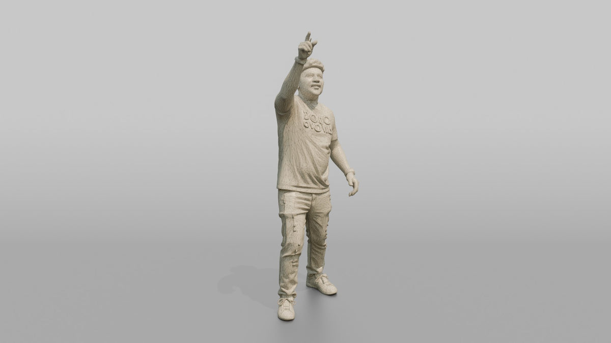 Club DJ Man Pointing Up With One Hand, Energetic Pose - wireframe topology preview