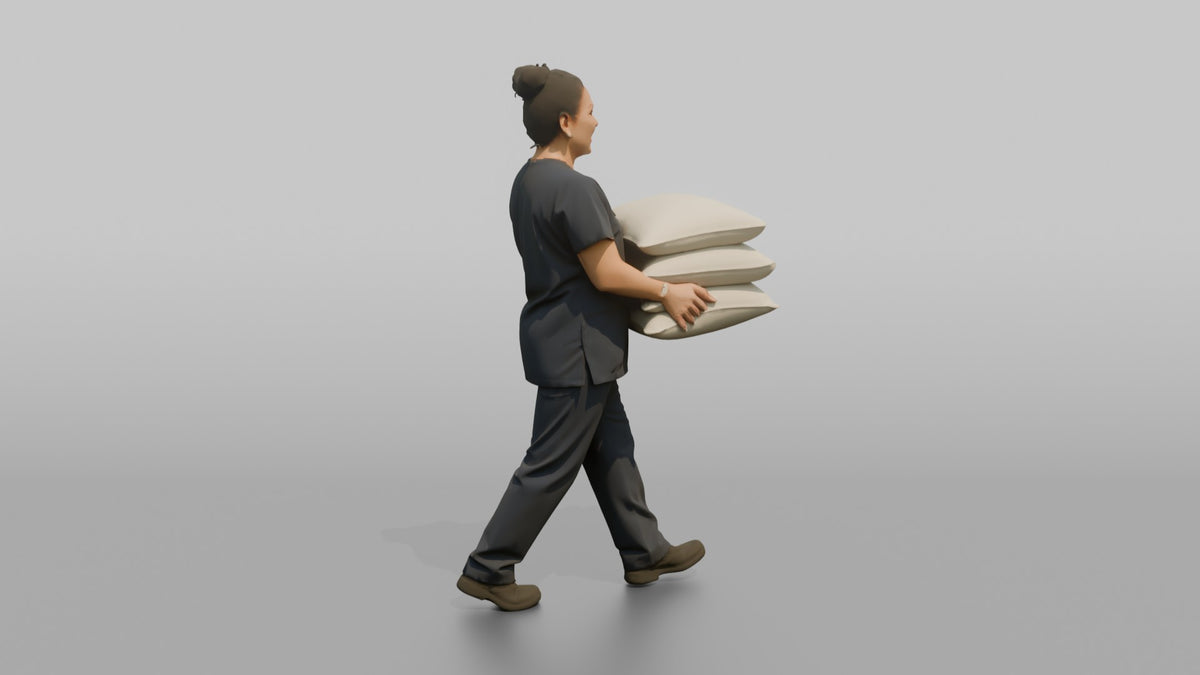 Housekeeping Staff Woman Carrying A Stack Of Pillows - 3D character model, view 3