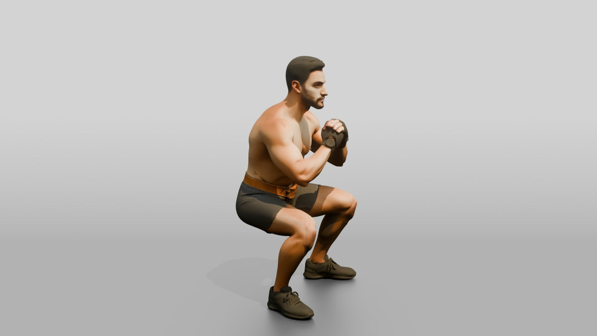 Man Squatting with Fitness Gloves - 3D character model, view 2
