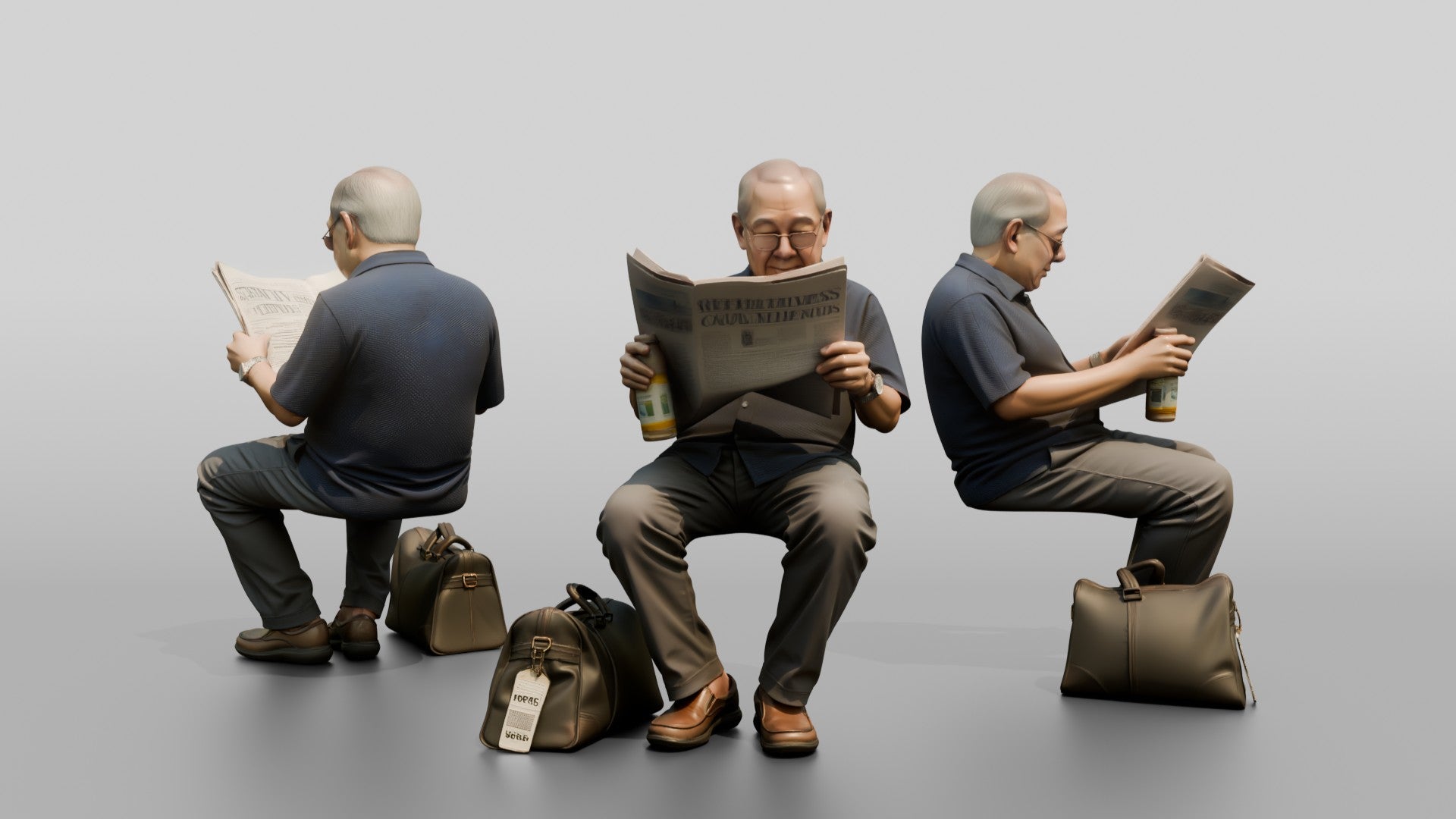 Elderly Asian Man Seated Reading Newspaper with Travel Bag