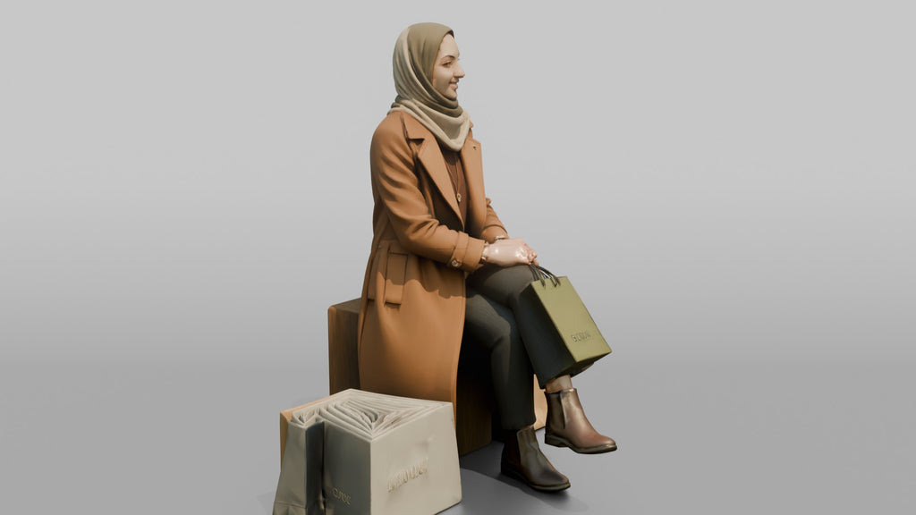 Hijab Woman in Camel Coat Sitting with Shopping Bags