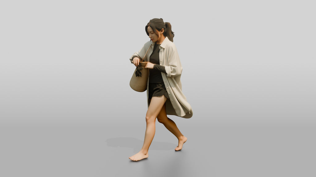 Woman Reaching Into Straw Beach Bag