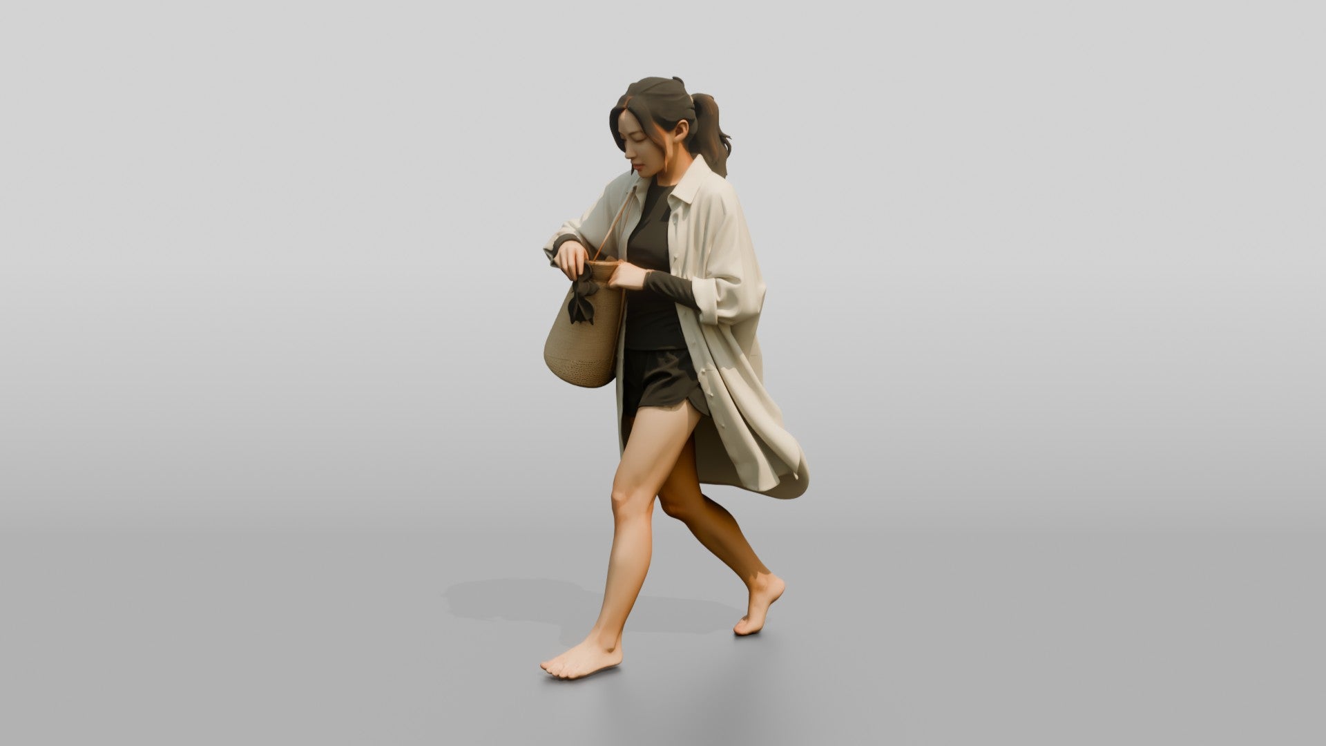 Woman Reaching Into Straw Beach Bag