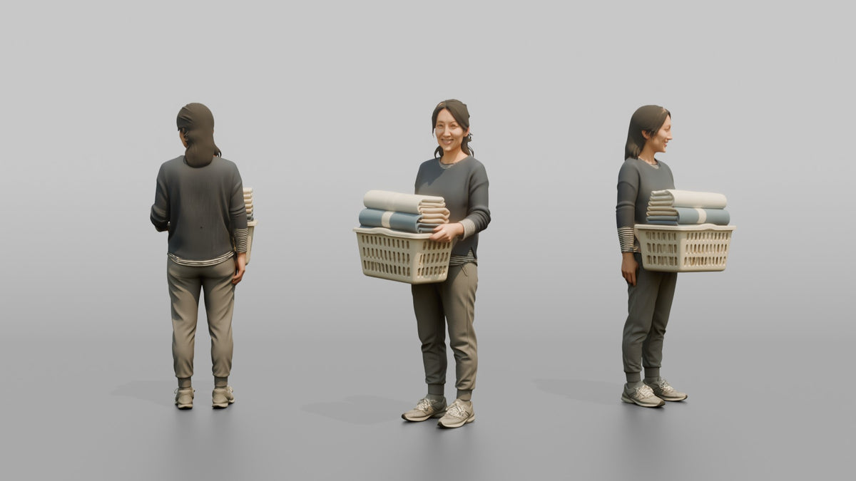 Mother Holding A Laundry Basket Full Of Folded Towels - 3D character model, view 1