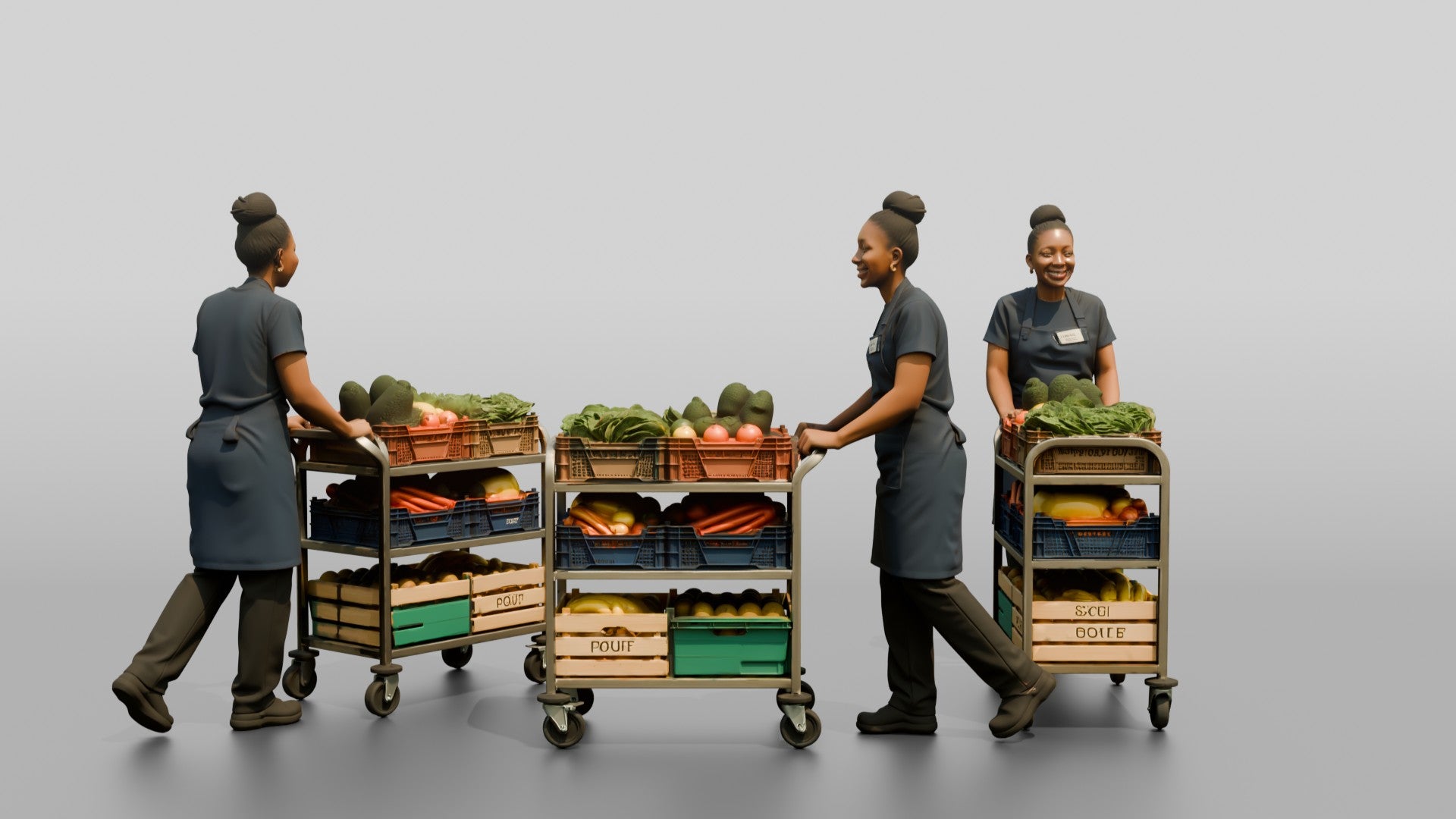 Kitchen Assistant Wheeling a Produce Cart