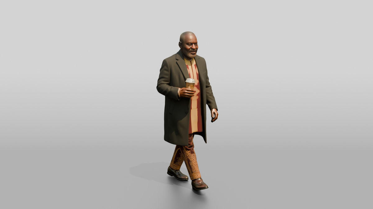 Elderly African Man in an Embroidered Agbada and Coat - 3D character model, view 1