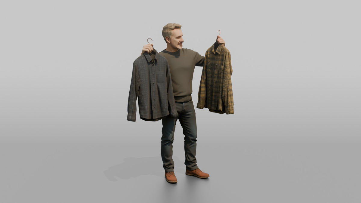 Man Customer Holding Two Shirts Up For Comparison - 3D character model