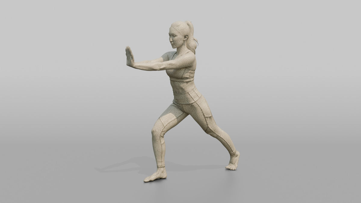 Fitness Influencer Woman Doing A Calf Stretch Against An Invisible Wall - wireframe topology preview