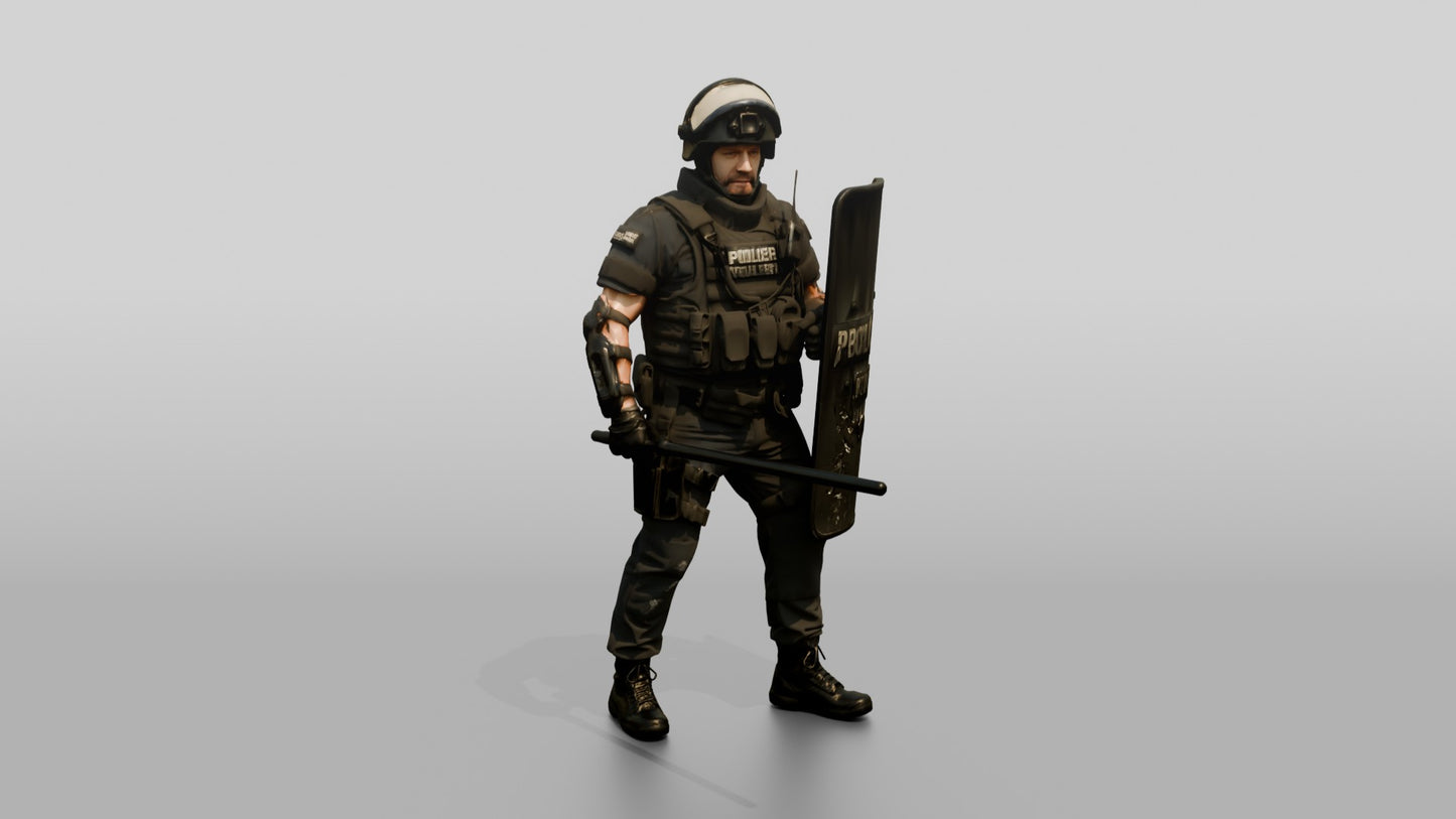 Riot Police Officer Holding Baton and Shield