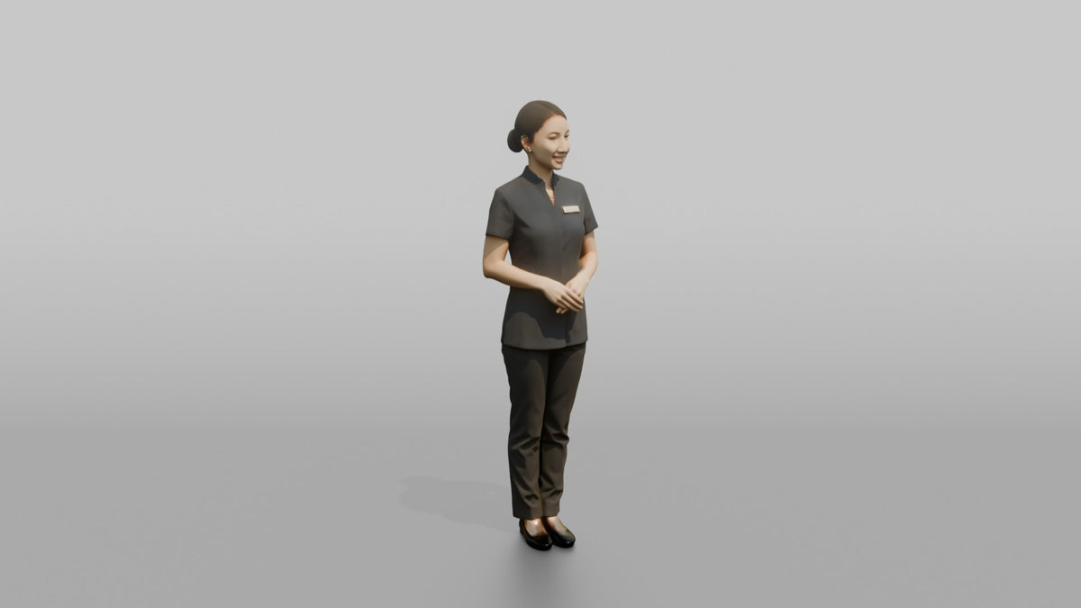 Spa Receptionist Woman Standing With Hands Folded, Welcoming Posture - 3D character model