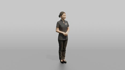 Spa Receptionist Woman Standing With Hands Folded, Welcoming Posture - 3D character model