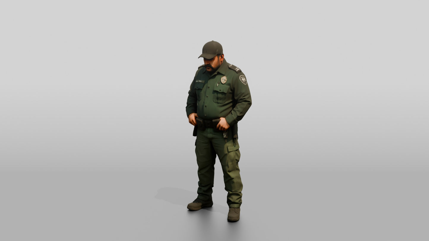 Stocky Latino Male Guard in a Dark Green Uniform