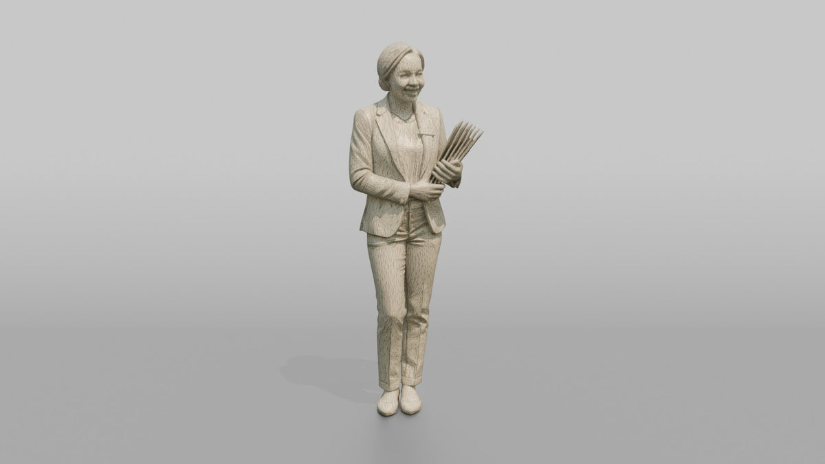 Host Man Holding A Stack Of Menus Against Their Chest - wireframe topology preview