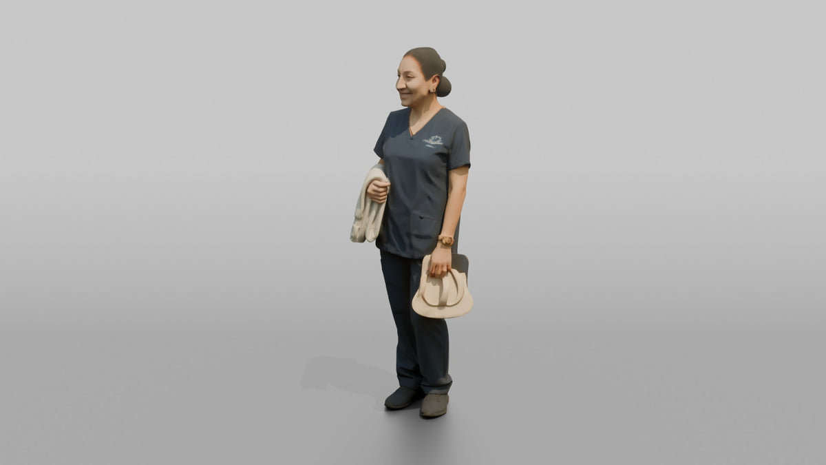 Spa Attendant Woman Holding A Folded Towel And Flip-flops - 3D character model, view 4