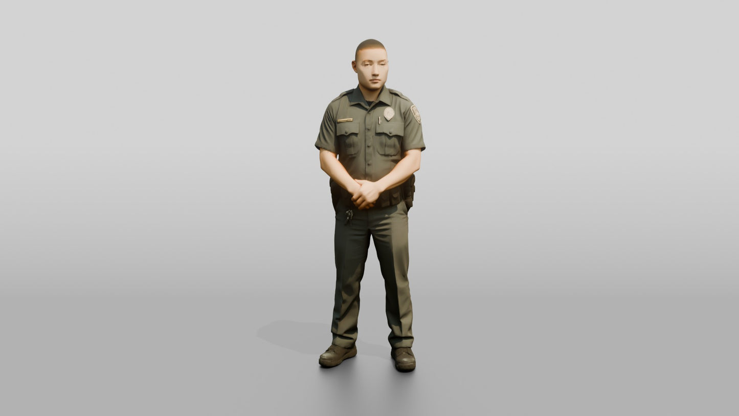 East Asian Male Guard in a Grey Patrol Uniform