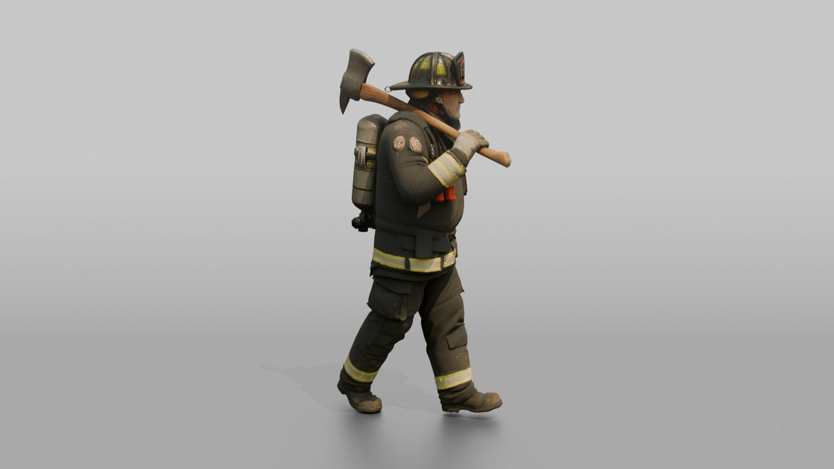 Firefighter Man Carrying a Flathead Axe Across His Shoulder - 3D character model, view 3