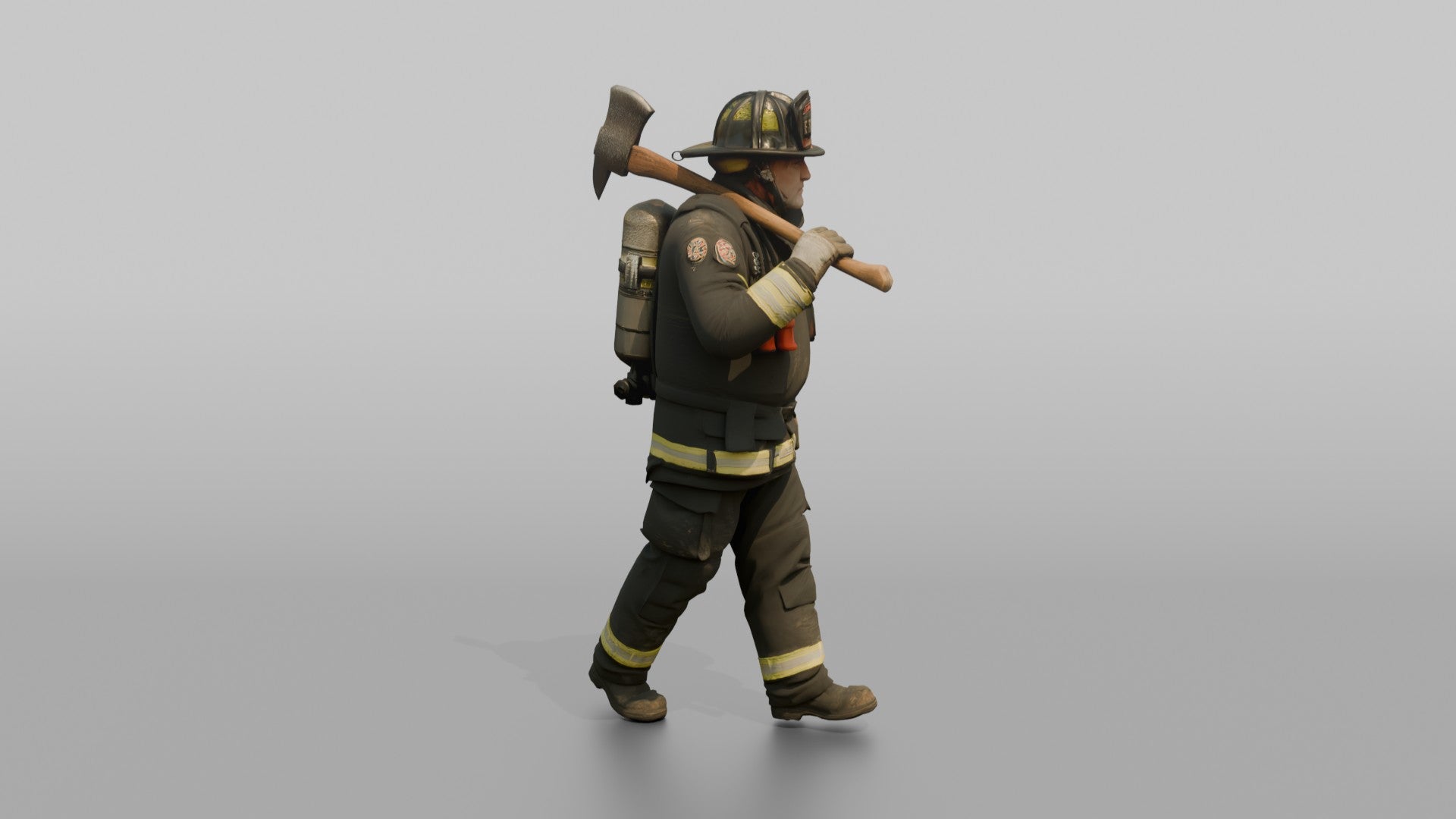 Firefighter Man Carrying a Flathead Axe Across His Shoulder