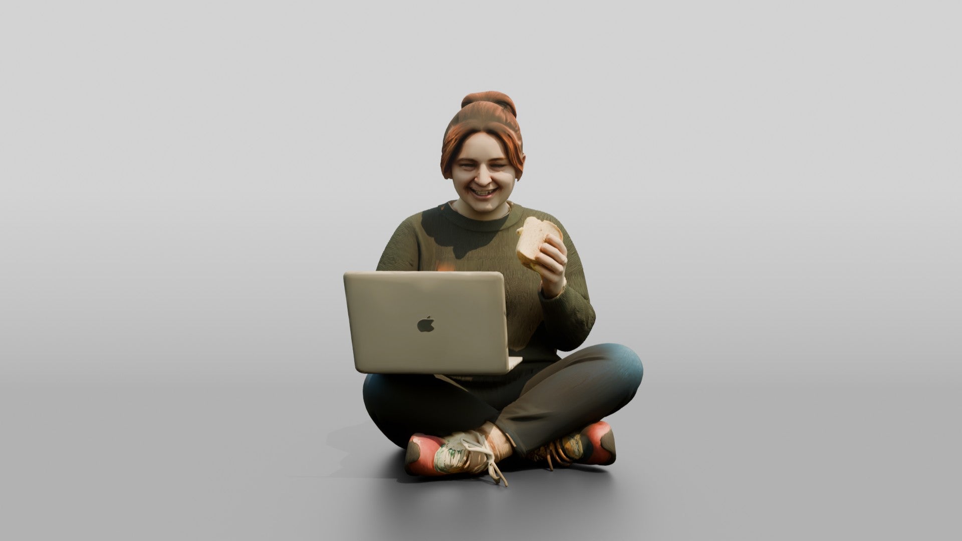 Plus-Size Woman Seated on Suitcase Eating Sandwich with Laptop