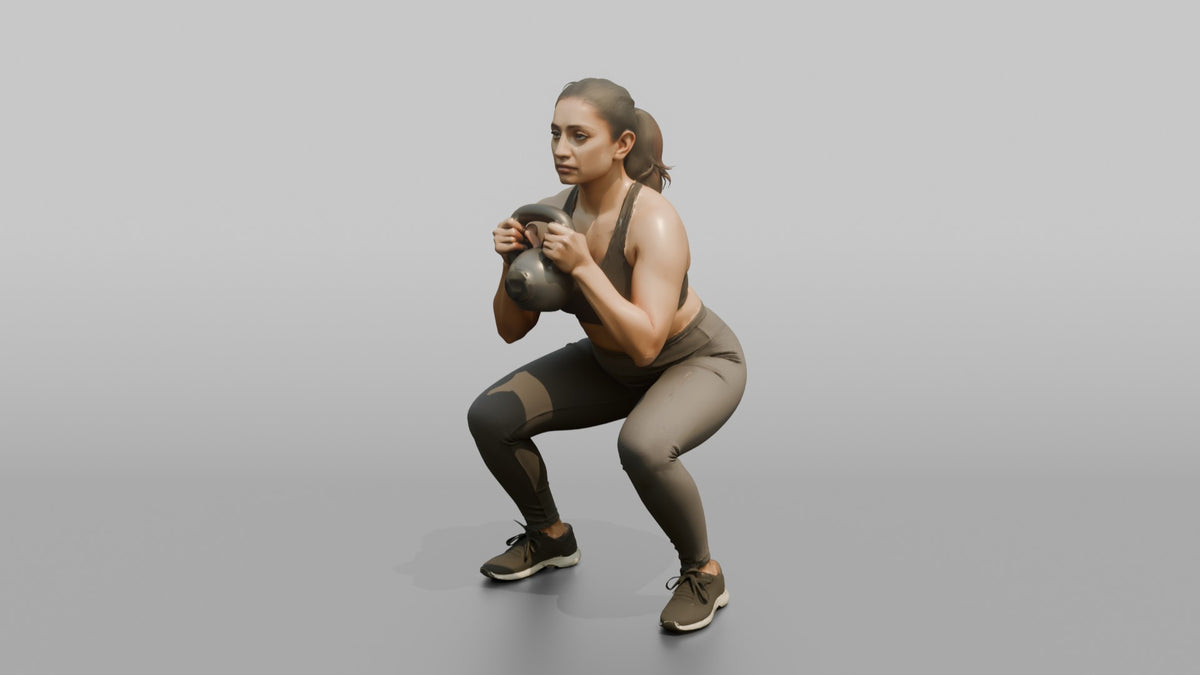 Weightlifter Woman Holding A Kettlebell In A Goblet Squat Position - 3D character model, view 4