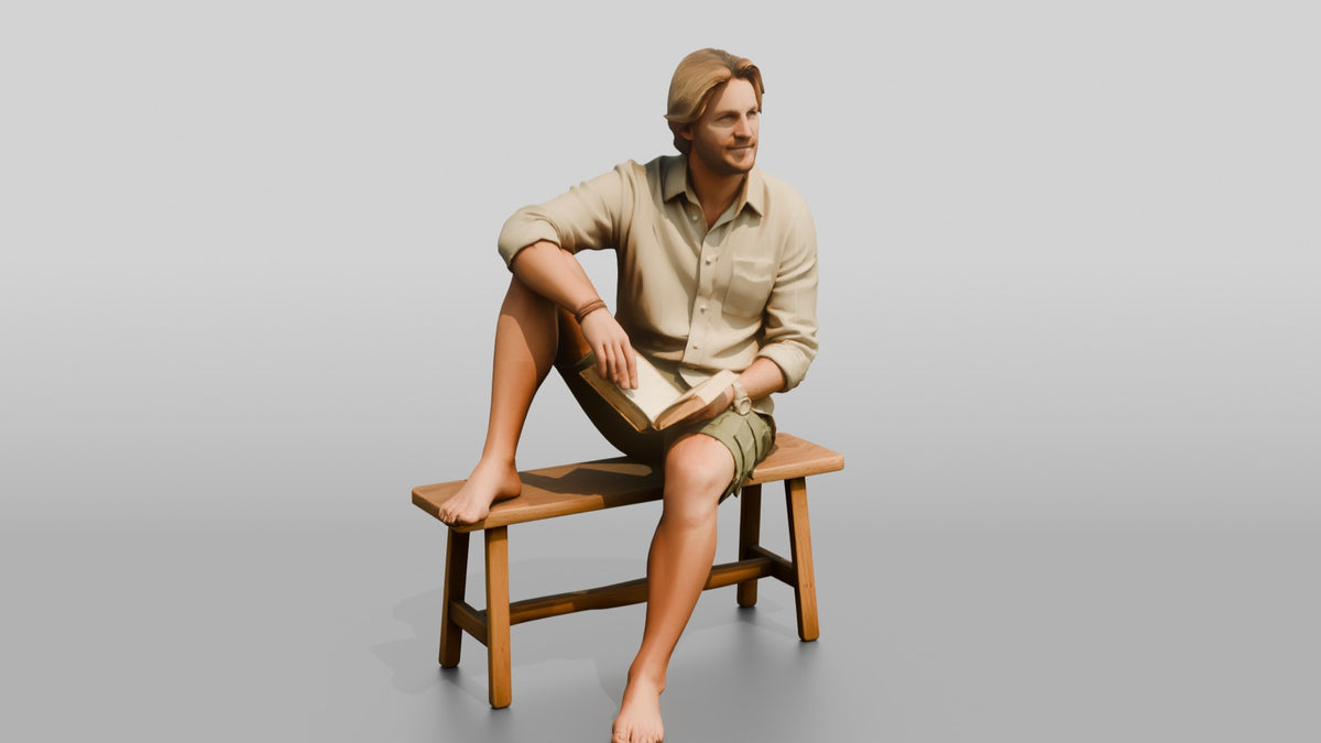 Man Reading a Book on a Bench - 3D character model, view 1