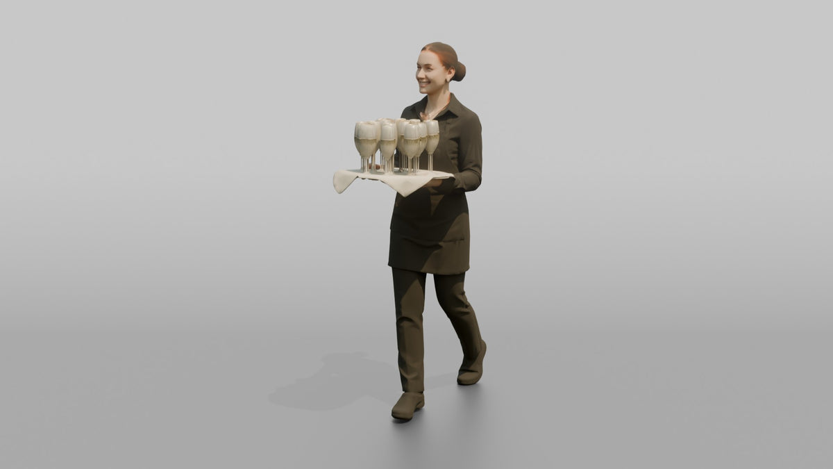 Cocktail Server Woman Balancing A Tray Of Champagne Glasses - 3D character model, view 4