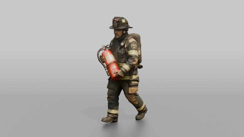 Firefighter Man Carrying a Heavy Foam Fire Extinguisher