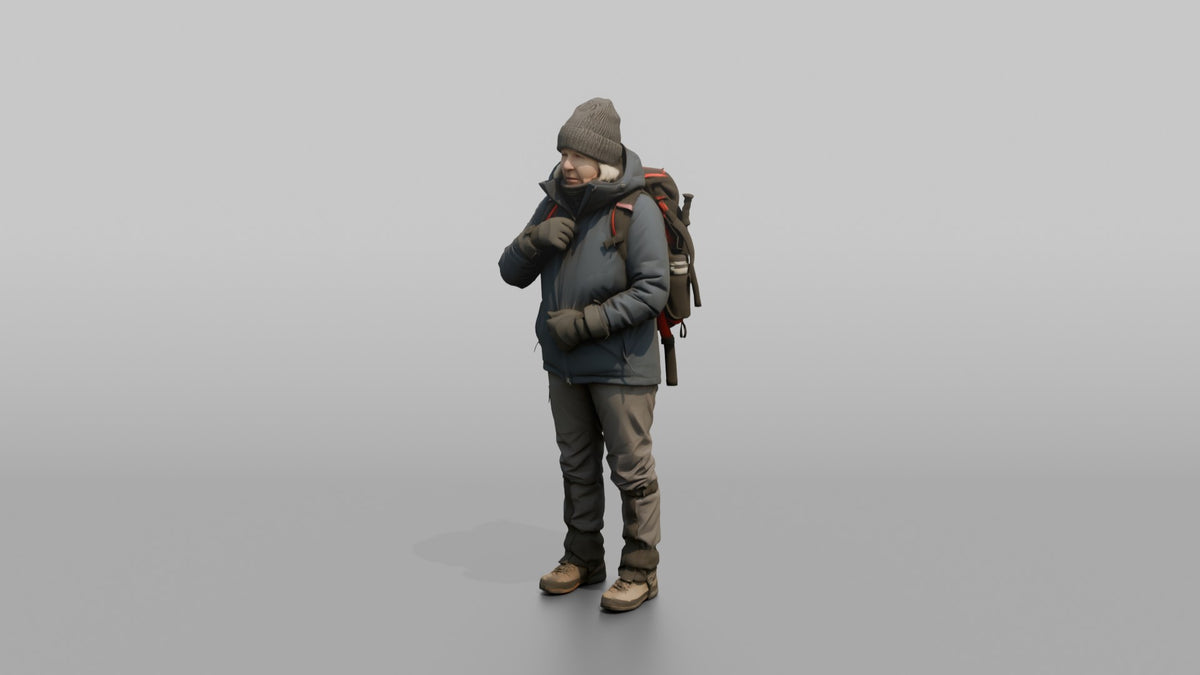 Winter Hiker Zipping Up Her Jacket - 3D character model, view 4