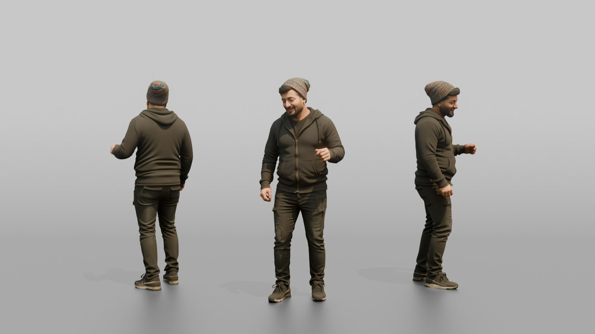 Patron Man Wearing A Colorful Beanie, Nodding Along To Music - 3D character model, view 1