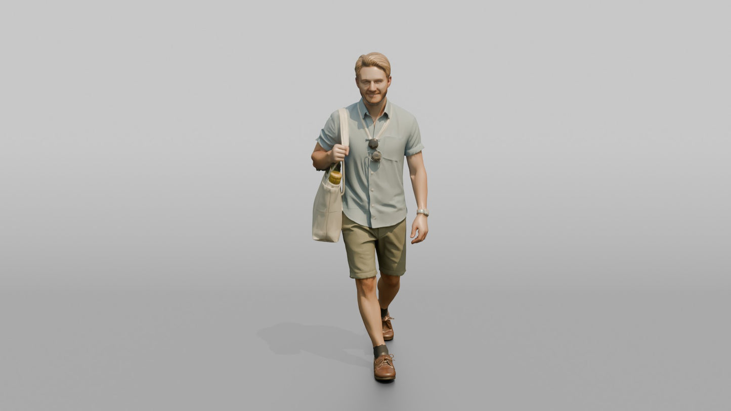 Scandinavian Man Walking in a Linen Shirt and Shorts