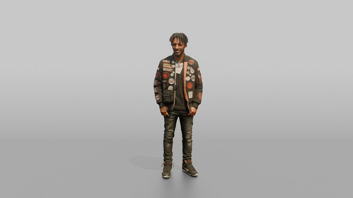 Patron Man Wearing A Vibrant Streetwear Jacket With Bold Patches - 3D character model, view 5