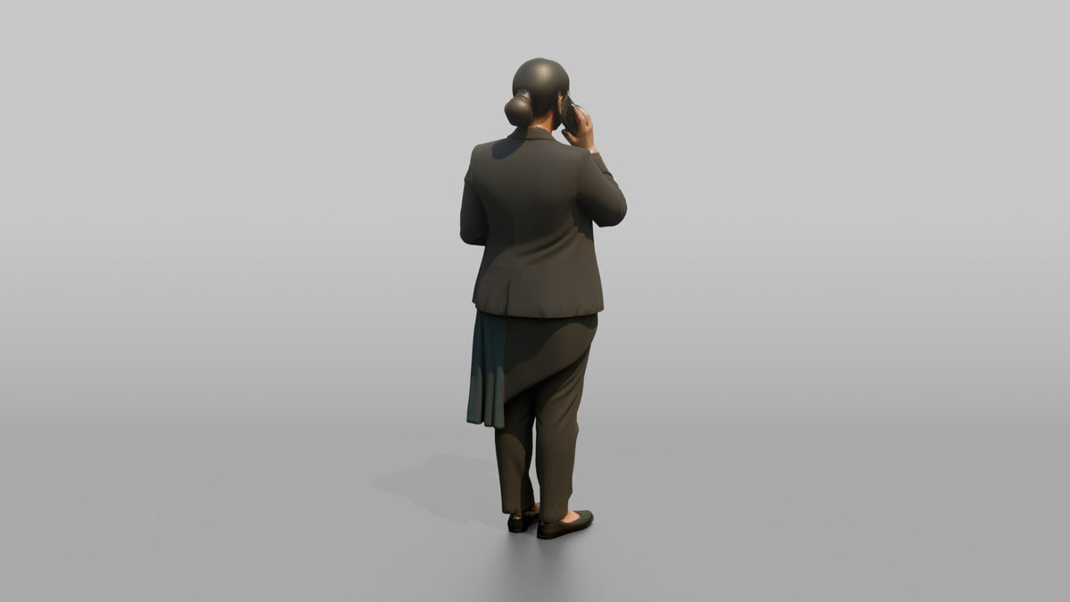 Host Woman Holding A Phone, Taking A Reservation Call - 3D character model, view 3