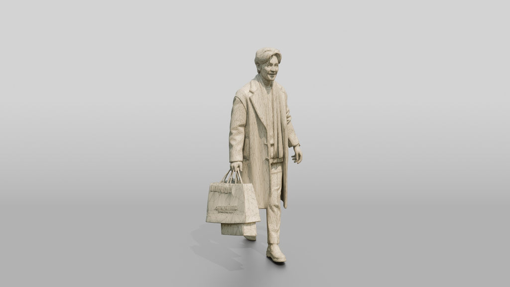 Man Walking in Long Wool Coat with Shopping Bags