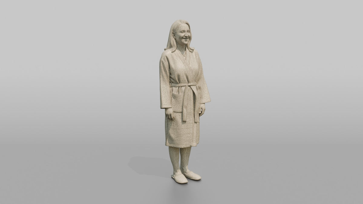 Spa Client Man Standing Barefoot In Spa Slippers, Robe Tied At The Waist - wireframe topology preview