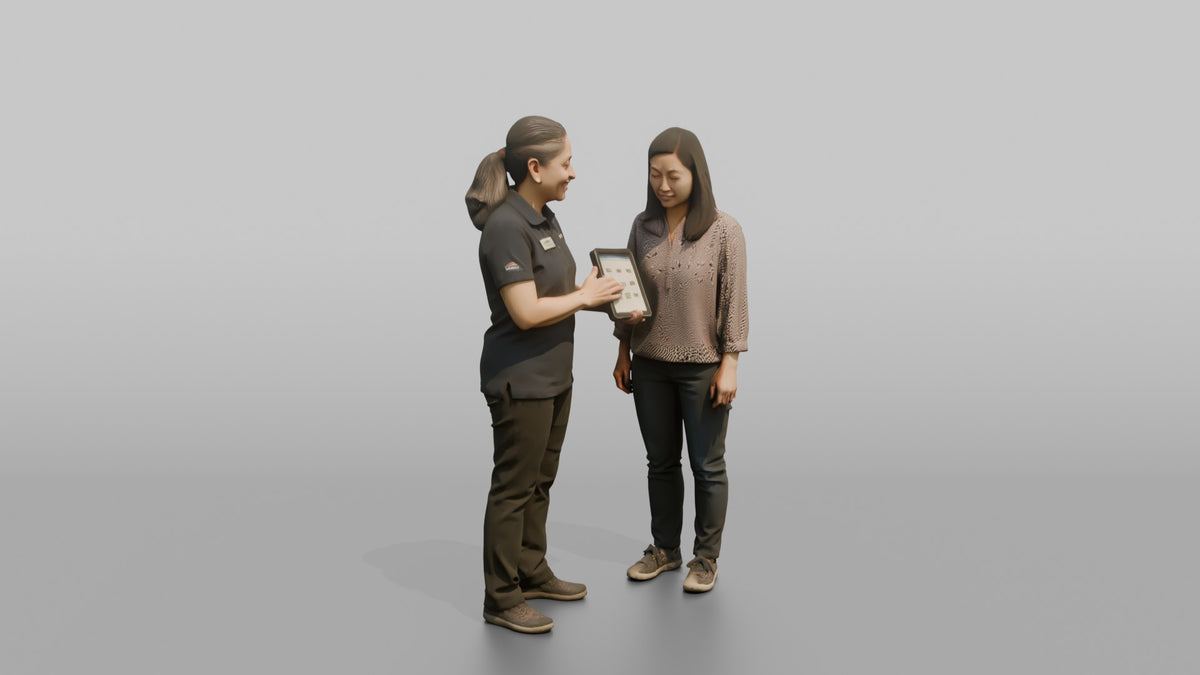 Woman Sales Associate Helping A Customer Locate An Item On A Tablet - 3D character model