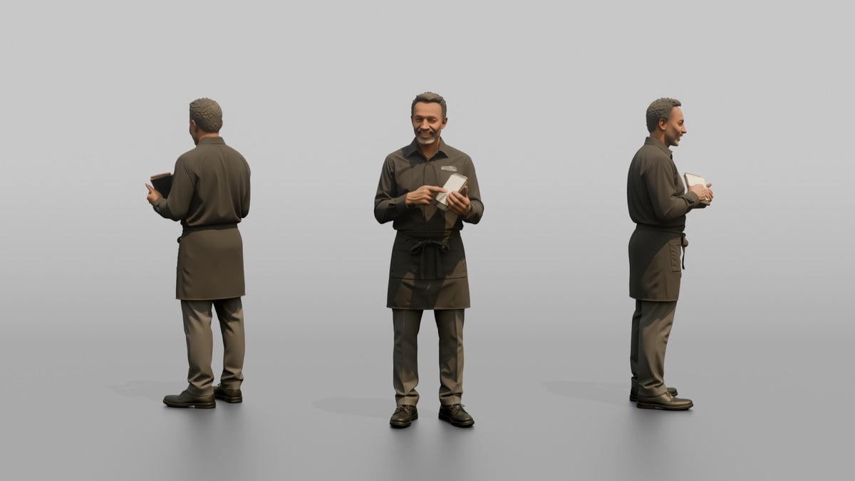Server Man Holding A Small Notepad, Pointing At It - 3D character model, view 1