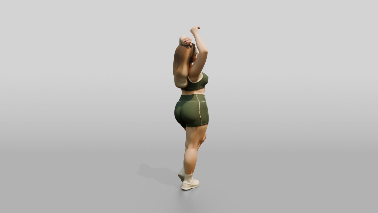 Curvy Woman in Olive Activewear Stretching Overhead