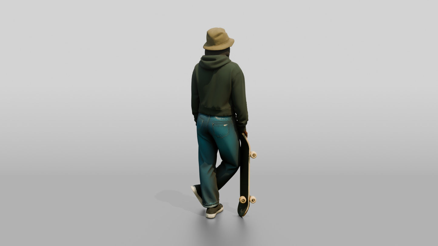 Skater Woman in Bucket Hat with Skateboard