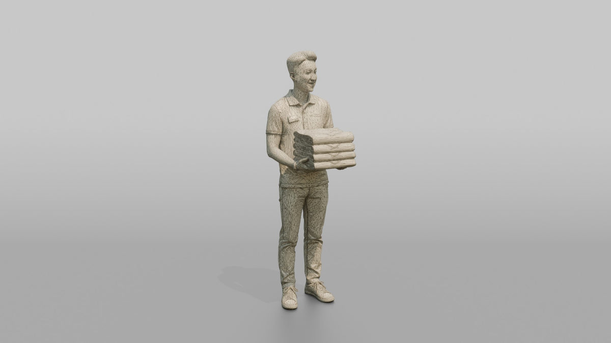 Man Retail Employee Holding A Stack Of Folded Jeans - wireframe topology preview