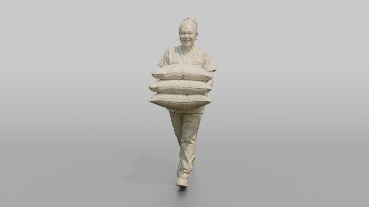 Housekeeping Staff Woman Carrying A Stack Of Pillows - wireframe topology preview
