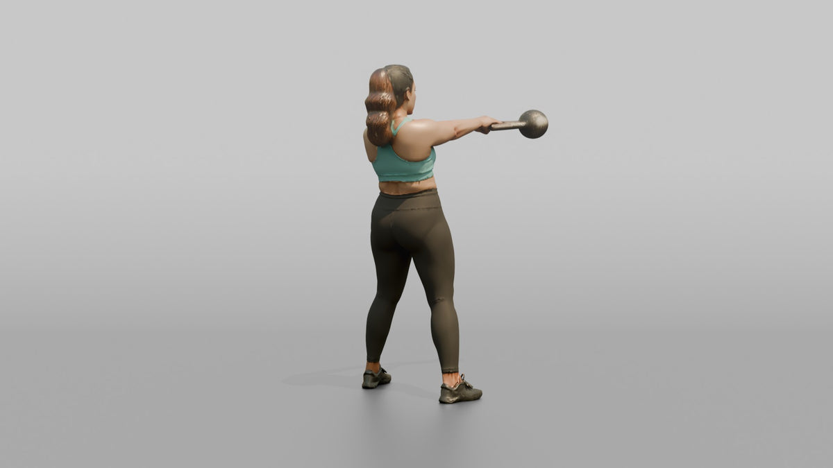 Weightlifter Woman Performing A Kettlebell Swing - 3D character model, view 2