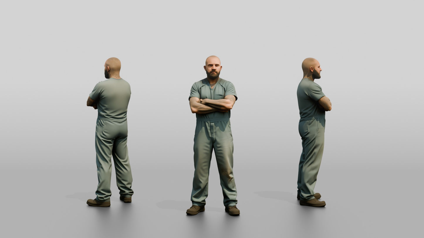 White Male Prisoner Standing with His Arms Crossed Defensively