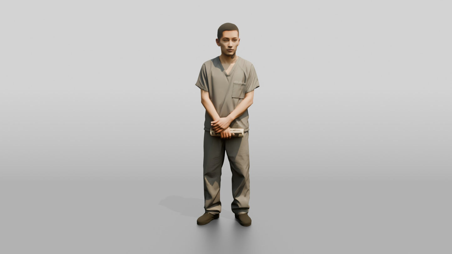 East Asian Male Prisoner in a Grey Scrub Uniform