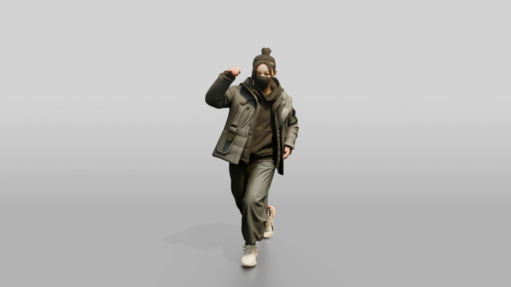 Techwear Woman in Puffer Jacket Mid-Stride